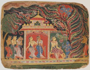 Krishna llevado por el demonio del torbellino, del Bhagavata Purana. c.1520-30 de Indian School