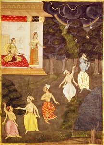 Krishna tocando la flauta seguido por cuatro bailarines, Rajasthan