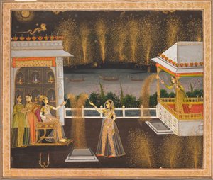 Damas celebrando Diwali, c.1760 (acuarela opaca y oro sobre papel) de Indian School