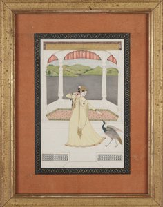 Dama seduciendo a un pavo real con un collar de perlas, c.1800 (gouache y oro sobre papel) de Indian School