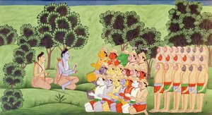 Lakshmana consultando a los jefes de los ejércitos de monos, del Ramayana