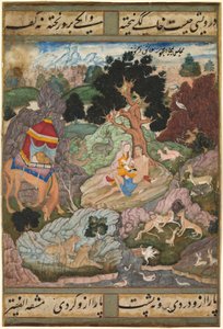 Layla y Majnun en el desierto con animales, de un Khamsa (Quinteto) de Amir Khusrau Dihlavi de Indian School