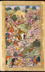 Caza del emperador Babur, entre Ali Shang y Alangar, en la región de Kabul (Afganistán). Miniatura del manuscrito persa Vaqi at i Baburi, Memorias del emperador mogol Babur (Zahir ud din Muhammad) (1483-1530), India, hacia 1590. La Libra británica de Indian School