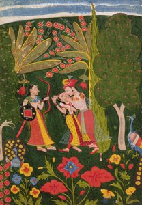 Amantes abrazándose en un bosque, Bundi, c.1650 de Indian School