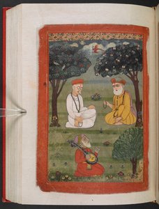 MS Panj B 40, f.131v, reunión de Bhagat Kabir ji y Guru Nanak Dev ji, ilustración de la 