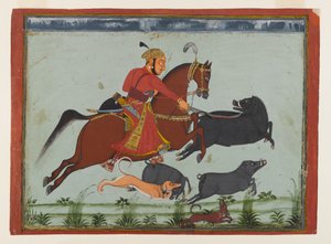 Maharajá Pratap Singh II de Mewar cazando jabalíes, c.1750-75 (acuarela, oro y plata sobre papel)