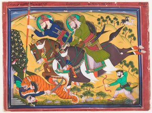 Maharajá Ram Singh cazando un tigre, segundo cuarto del siglo XIX (acuarela sobre papel)