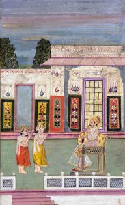 Maharaja Sawai Jai Singh saludado por dos hombres coronados de Indian School