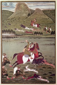 Maharana Jawan Singh (reg.1828-38) de Mewar cazando jabalíes, Udaipur de Indian School