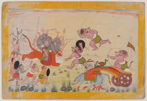 Mahasura ataca a la Devi, folio de una serie dispersa Devi Mahatmya, c.1770-80 de Indian School