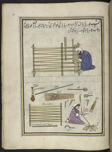 Estera y su esposa haciendo esteras de caña partida,  86 dibujos encuadernados en un volumen que representa oficios y ocupaciones en Cachemira, se muestra a los artesanos trabajando con sus implementos y equipos,  Por un artista de Cachemira, probablemente