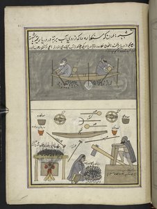 Hombres recogiendo castañas de agua; hombre y mujer asando y machacando castañas de agua,  86 dibujos encuadernados en un volumen que representa oficios y ocupaciones en Cachemira, se muestra a los artesanos trabajando con sus implementos y equipos,  Por u de Indian School