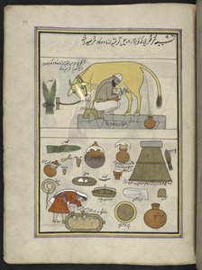 Lechero de la casta Gujar y esposa,  86 dibujos encuadernados en un volumen que representa oficios y ocupaciones en Cachemira, se muestra a los artesanos trabajando con sus implementos y equipos,  Por un artista de Cachemira, probablemente en Srinagar, c.1 de Indian School