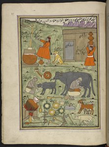 Lecheros de la casta Gujar en el bosque,  86 dibujos encuadernados en un volumen que representa oficios y ocupaciones en Cachemira, se muestra a los artesanos trabajando con sus implementos y equipos,  Por un artista de Cachemira, probablemente en Srinagar de Indian School