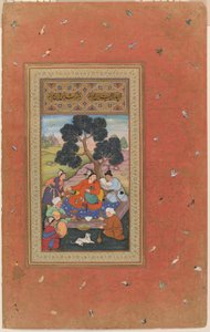 Jefe mongol y asistentes, folio del Álbum de Gulshan (Álbum de la Rosaleda), c.1600 (acuarela opaca, tinta y oro sobre papel) de Indian School
