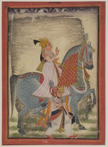 Noble de Mewar montando a Nur acompañado por un sais a pie de Indian School