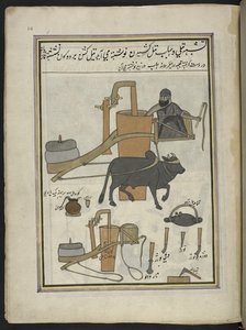 Prensa de aceite,  86 dibujos encuadernados en un volumen que representa oficios y ocupaciones en Cachemira, se muestra a los artesanos trabajando con sus implementos y equipos,  Por un artista de Cachemira, probablemente en Srinagar, c.1850-60 (gouache so