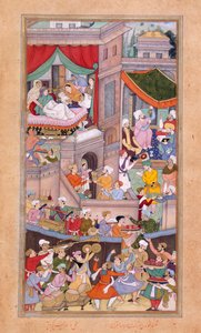 O. 12988, f.34v Astrólogos lanzando horóscopos durante las celebraciones del nacimiento de Timur (1336) por Surdas Gujarati de Indian School