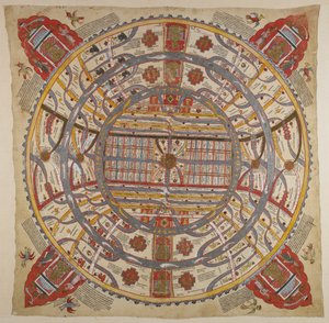 O 13937 f.1 Un diagrama del universo, con texto en sánscrito y gujarati (acuarela sobre tela) de Indian School