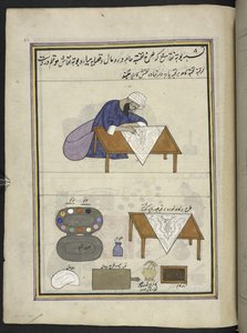Patronista ‘(naqqash)’ preparando un diseño para un chal,  86 dibujos encuadernados en un volumen que representa oficios y ocupaciones en Cachemira, se muestra a los artesanos trabajando con sus implementos y equipos,  Por un artista de Cachemira, probable