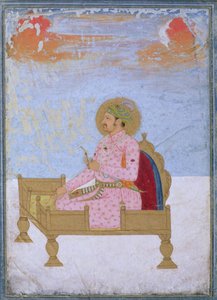 Retrato del Emperador Jahangir (1569-1627) sentado en un trono sosteniendo un sarapesh, Mughal, c.1720-40 de Indian School