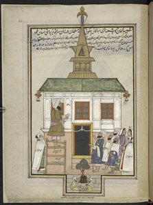 Predicador y fieles en la mezquita de madera de Shah Hamadan, Srinagar, originalmente el santuario de Mahakali Bhagwati,  86 dibujos encuadernados en un volumen que representa oficios y ocupaciones en Cachemira, los artesanos se muestran en el trabajo con  de Indian School