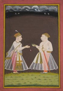 Probablemente un retrato de Rana Raj Singh de Udaipur (1661-81) ofreciendo pan a un noble de Indian School