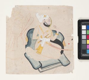 Perfil de príncipe arrodillado con dos asistentes (tinta de pincel y acuarela sobre papel) de Indian School