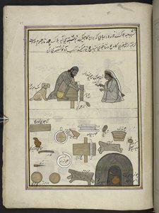 creadores de punkah,  86 dibujos encuadernados en un volumen que representa oficios y ocupaciones en Cachemira, se muestra a los artesanos trabajando con sus implementos y equipos,  Por un artista de Cachemira, probablemente en Srinagar, c.1850-60 (gouache de Indian School