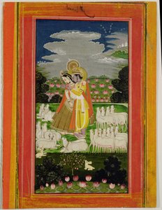 Radha y Krishna se abrazan en un paisaje idealizado con vacas, c.1780 de Indian School