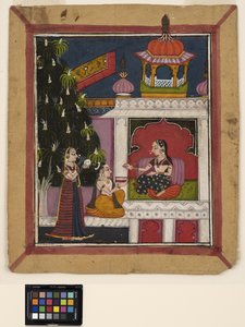 ? Raga: Un hombre arrodillado ofrece un libro a una dama en un pabellón, c.1800 de Indian School