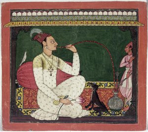 Raja Medini Pal, inscrito en el reverso en caracteres Takari bilauria medini pal, Basohli, Himachal Pradesh, Escuela Pahari, 1735 de Indian School