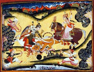 Princesas Rajput matando a un león, Escuela Bundi, c.1810-20 de Indian School