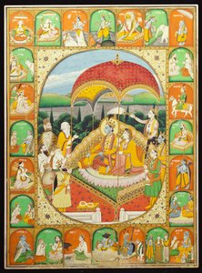 Rama y Sita entronizados, adorados por Shiva, Hanuman y otros, 1800-20 de Indian School