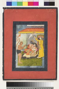 Rama y Sita entronizados, adorados por Hanuman; Lakshmana sostiene un morchal de Indian School