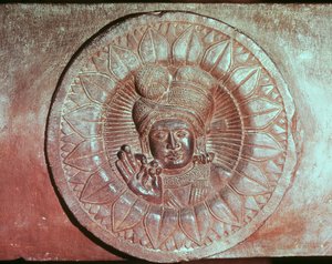Relieve que representa una flor de loto con la cabeza de un hombre, de una estupa budista de Bharhut, Madhya Pradesh, Período Maurya Tardío, Dinastía Sunga (180-72 a.C.)