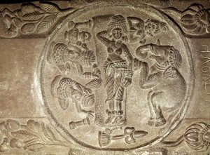 Relieve que representa el sueño de Maya, de una estupa budista de Bharhut, Madhya Pradesh, Período Maurya Tardío, Dinastía Sunga (180-72 a.C.)