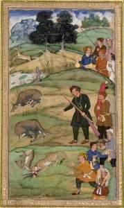 Salim, sosteniendo su rifle, señala a un nilgai muerto de Indian School