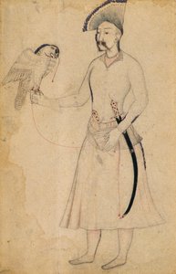 Shah Abbas I de Persia (1588-1629) sosteniendo un halcón, después de un original de principios del siglo XVII, Mughal, principios del siglo XIX