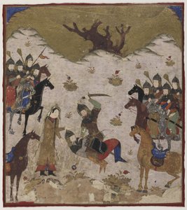 Shahru identifica a Burzu como el nieto de Rustam durante el combate final entre Rustam y Burzu, c.1425-50 de Indian School