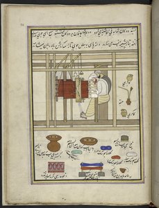 Chaleros tejiendo chales en un telar,  86 dibujos encuadernados en un volumen que representa oficios y ocupaciones en Cachemira, se muestra a los artesanos trabajando con sus implementos y equipos,  Por un artista de Cachemira, probablemente en Srinagar, c