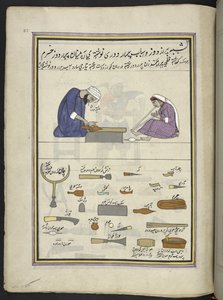 Zapatero y su esposa haciendo una zapatilla,  86 dibujos encuadernados en un volumen que representa oficios y ocupaciones en Cachemira, se muestra a los artesanos trabajando con sus implementos y equipos,  Por un artista de Cachemira, probablemente en Srin de Indian School