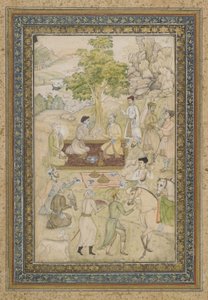 Sultán Murad y Sultán Daniyal en un picnic, folio de álbum separado con pintura, c.1900 de Indian School