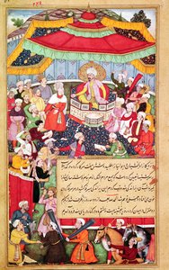 El Rey en su trono rodeado de sus cortesanos, del Baburnama (Memorias de Babur) 1530 de Indian School