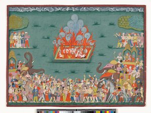 El Sati de Ramabai, esposa de Madhavrao Peshwa, c.1772-75 (acuarela y oro sobre papel)