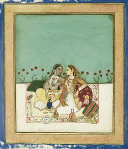 Dos mujeres en una terraza, después de 1700 (acuarela opaca y oro sobre papel) de Indian School