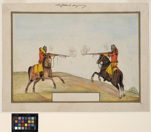 Dos soldados montados intercambiando disparos de rifle, c.1830 de Indian School