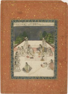 Dos mujeres sentadas en una terraza, rodeadas de asistentes y músicos, c.1650 de Indian School