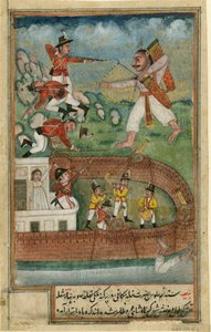 Un demonio atacando un fuerte defendido por soldados europeos de Indian School