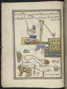 Cultivadores de hortalizas con pozo,  86 dibujos encuadernados en un volumen que representa oficios y ocupaciones en Cachemira, se muestra a los artesanos trabajando con sus implementos y equipos,  Por un artista de Cachemira, probablemente en Srinagar, c.